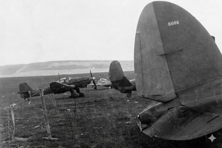 Verlassene deutsche Flugzeuge in der Nähe von Zeulenroda, Deutschland, im Juni 1945. Zu sehen sind (v.l.n.r.) eine Junkers Ju 87D, zwei Dornier Do 217 und das Heck einer Heinkel He 111H.